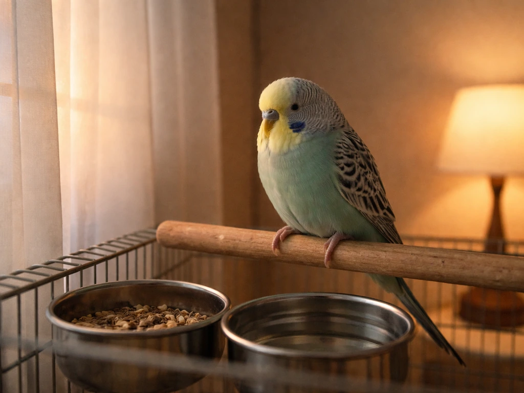 Relaxed small parakeet in a quiet cage near a dimming light, with food dish suggesting calm daily routine.