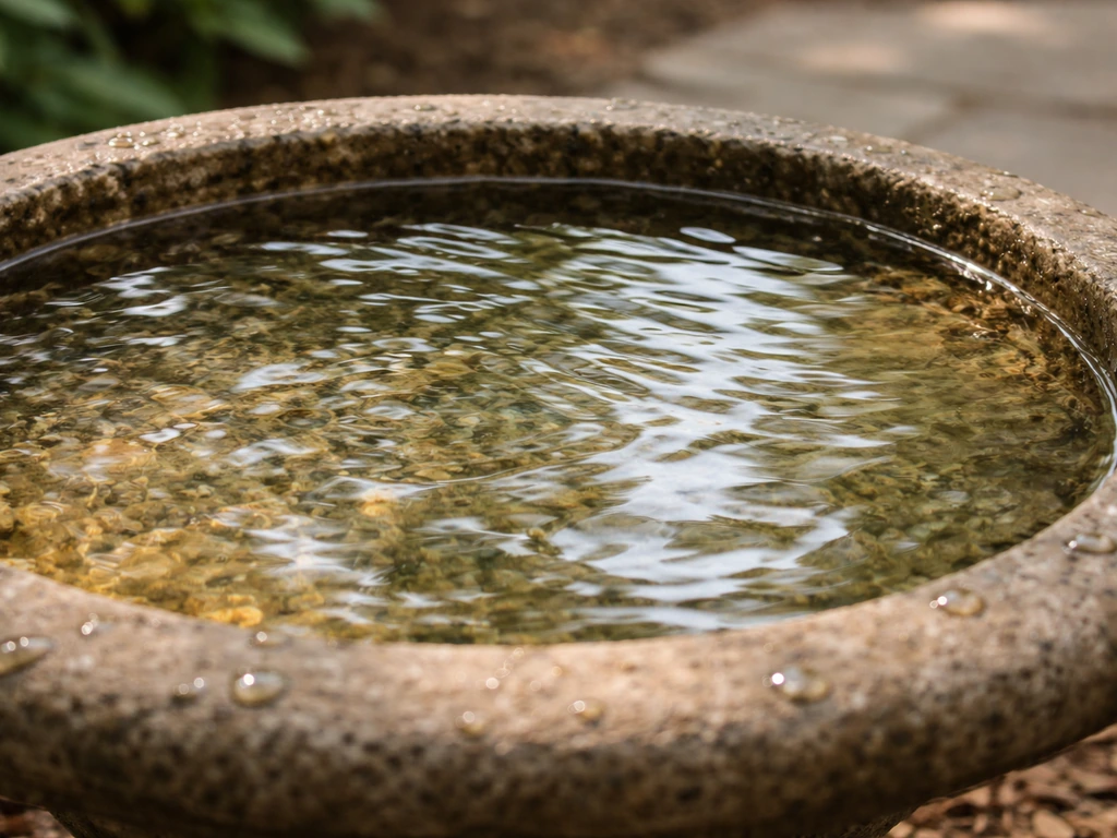 Close-up of a bird bath with shallow water and a clean rim in natural daylight