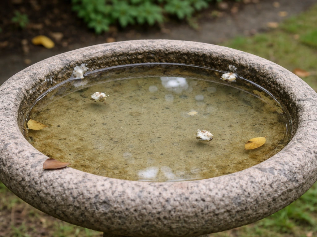 Close-up of a bird bath with shallow cloudy water and a few bird droppings at the basin edge.