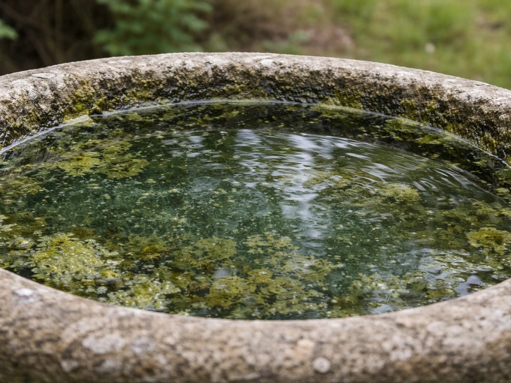 Close-up of a bird bath with green algae and blue-green scum film on the water surface