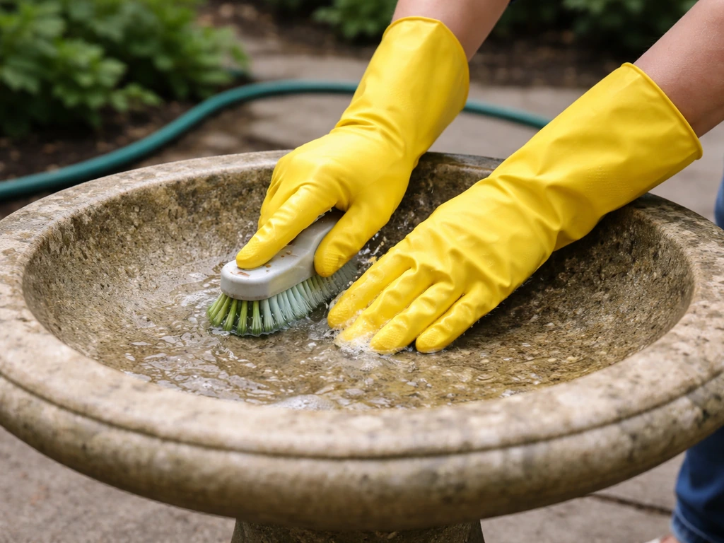 Gloved hands scrubbing an outdoor bird bath basin with a hose nearby