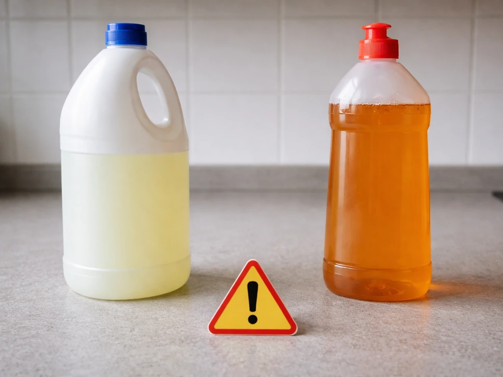 Close-up of two separate cleaning bottles and containers with a clear hazard-style spacing cue on a countertop.