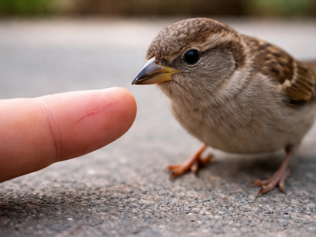 Close-up of a bird beak near a human finger with a minor non-graphic scratch after a peck.