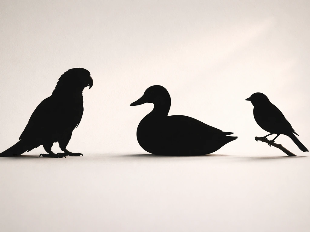 Minimal photo of three small bird silhouettes on a neutral background representing different bird types that can bite.