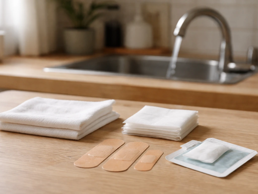 First-aid supplies laid out with running water for rinsing and sterile gauze for pressure.