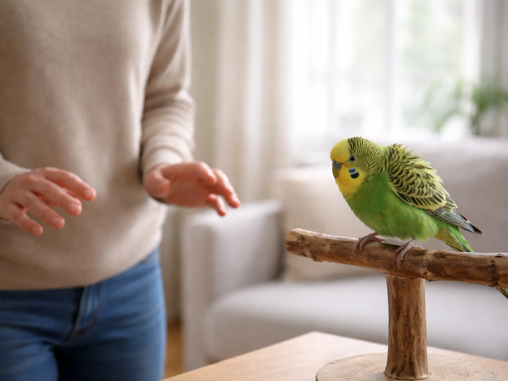 Anonymous caregiver keeps distance from a pet bird showing warning posture in a simple home setting.