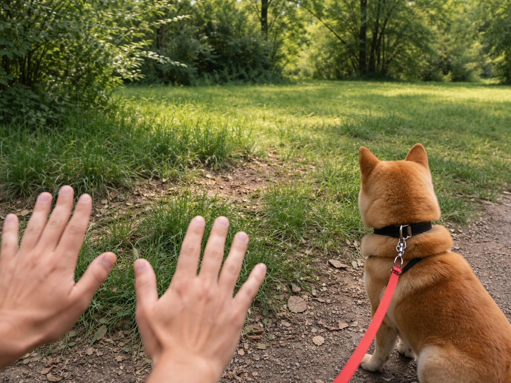 Park wildlife area with a leashed dog, a no-hand-feeding gesture, and a safe distance from a distant nest site