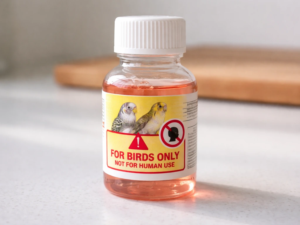Close-up of a veterinary bird azithromycin bottle with a safety-not-for-humans warning theme