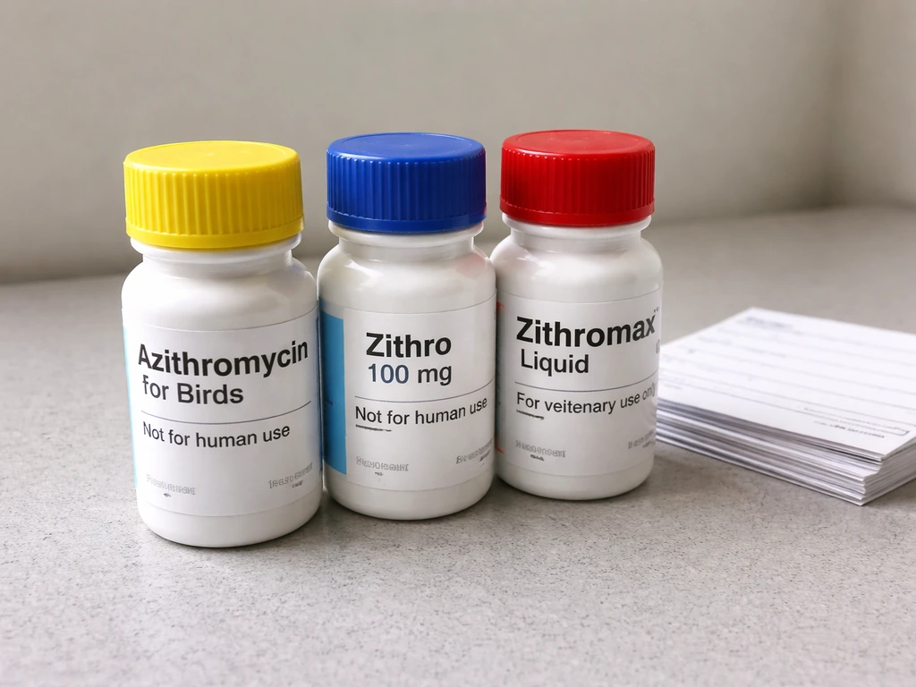 Close-up of veterinary azithromycin bottles with bird-related labeling cues showing different spellings and caps.