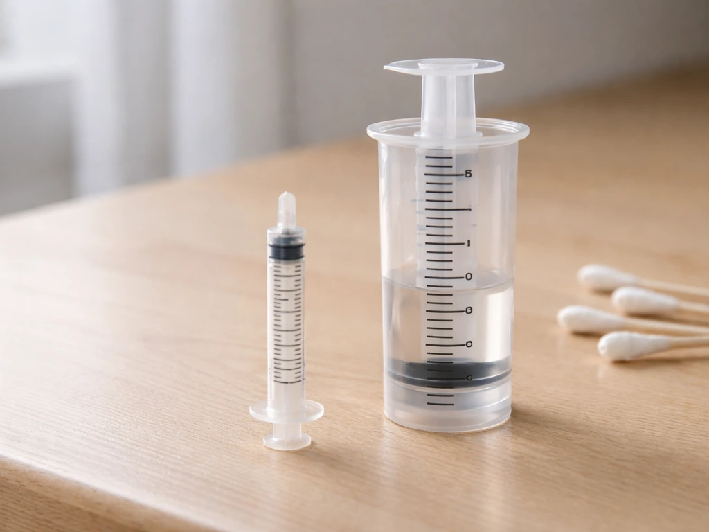 Veterinary dosing syringe beside a human medicine cup with mismatched markings to show different strengths/doses.