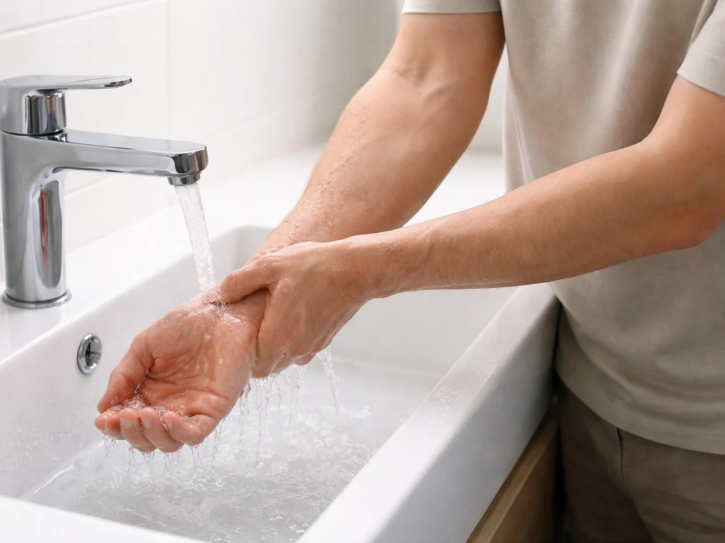 Anonymous adult rinsing an exposed forearm under running lukewarm water in a clean bathroom sink.