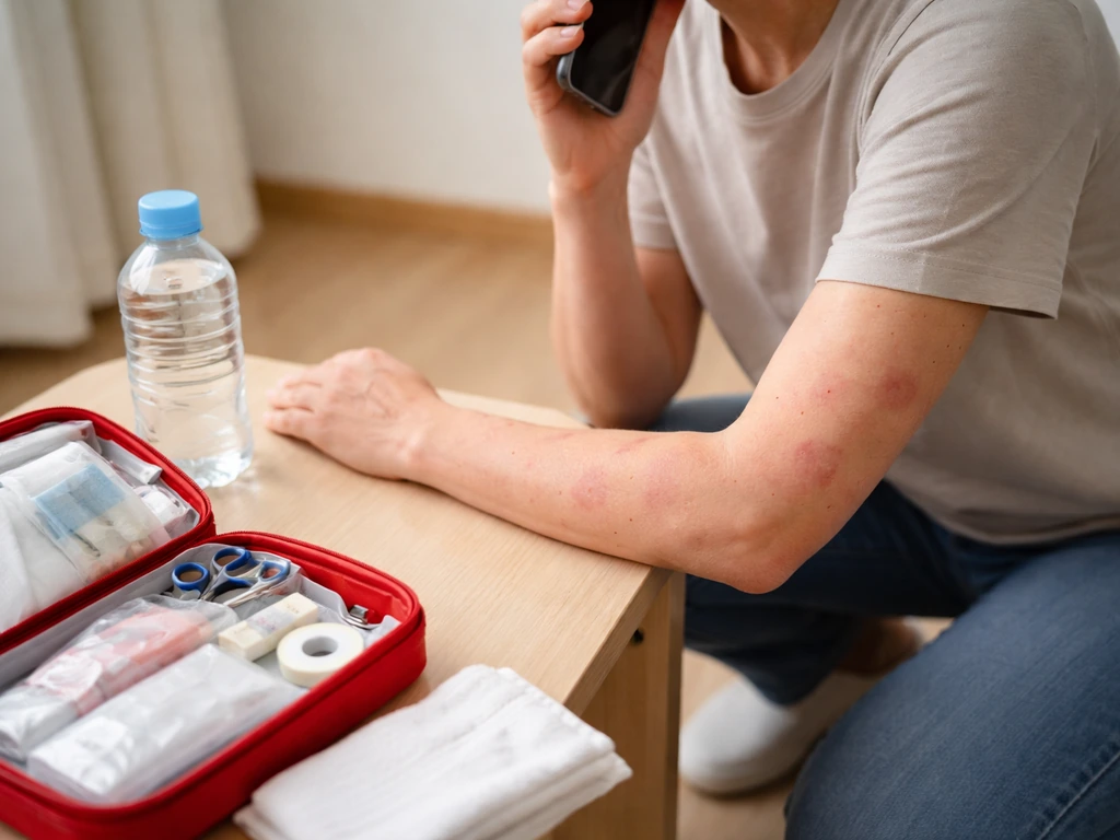 Anonymous person makes an emergency call while a first-aid kit sits nearby; mild red rash and swelling are visible.