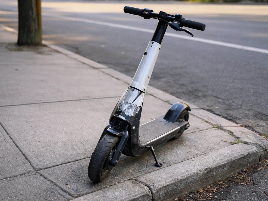 Damaged Bird-style electric scooter lying on a sidewalk, broken bodywork, safety-focused scene.