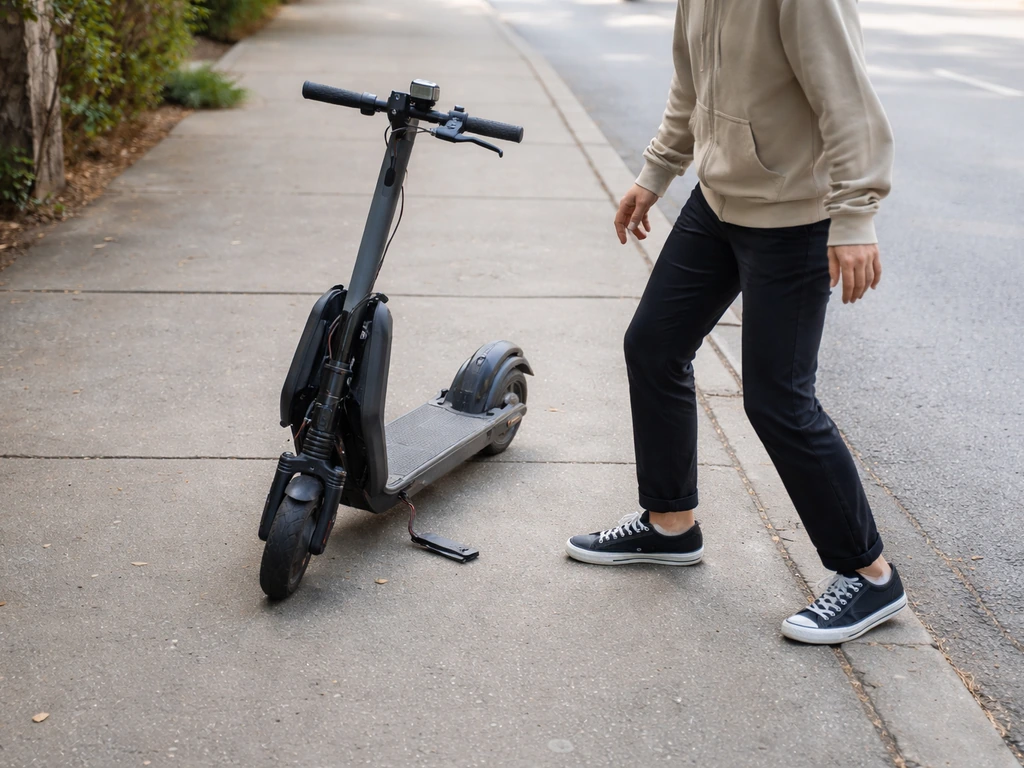 Rider stepping away with space from a stopped damaged scooter on a quiet sidewalk