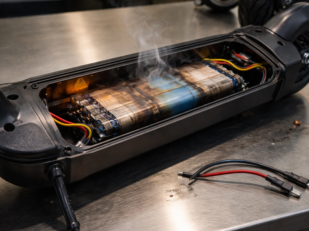 Close-up of an e-scooter battery compartment with visible heat damage cues and hazy warm light