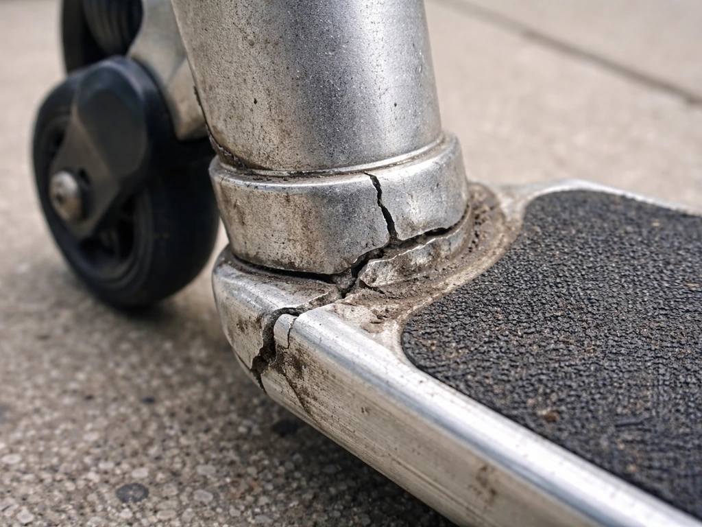 Close-up of a scooter/bike frame and deck junction with a visible cracked stem/frame metal piece.