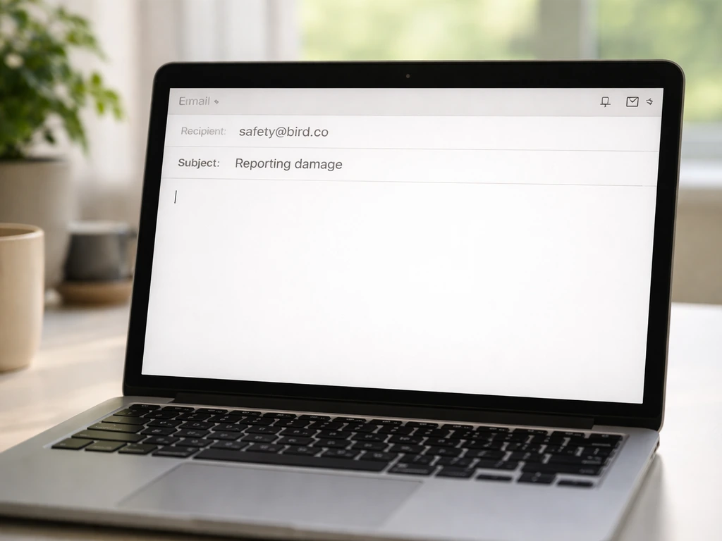 Close-up of a laptop showing an email compose window with a safety contact address for reporting damage.