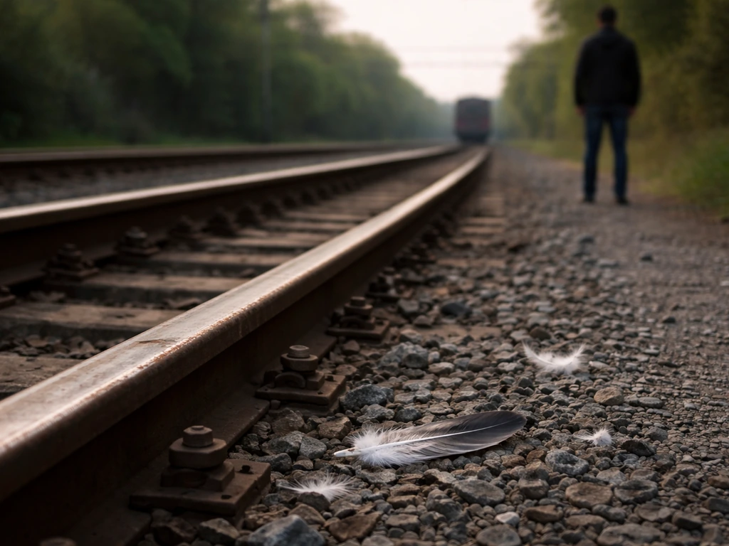 Anonymous observer notices small bird feathers on gravel beside rail tracks near a distant train.