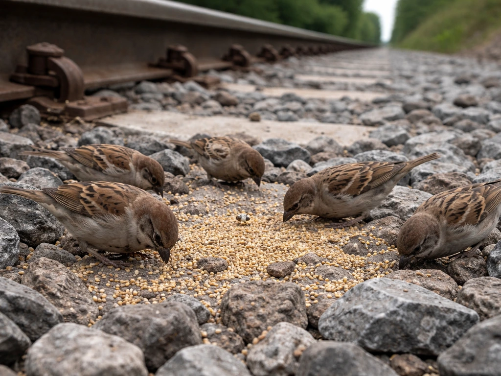 Sparrows and small insects foraging near scattered spilled grain beside a freight rail track ballast.