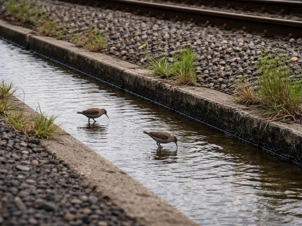 Standing water in a rail ballast drainage channel with a few wading birds nearby