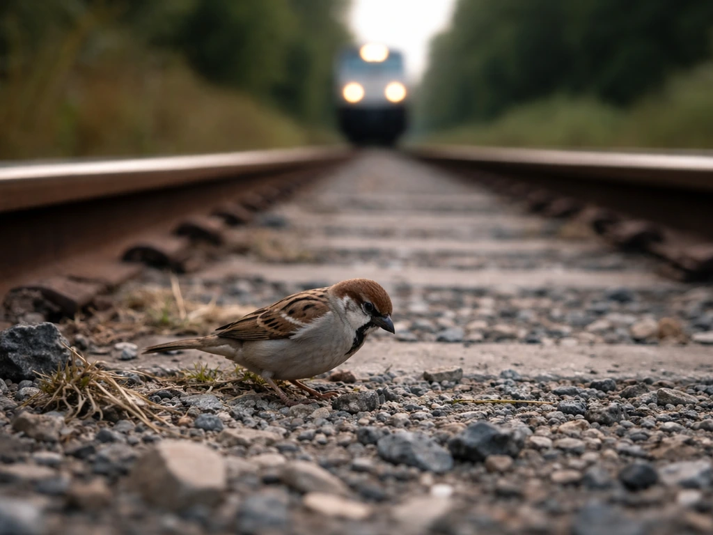 Small bird perched near train tracks as a distant train approaches at low angle.
