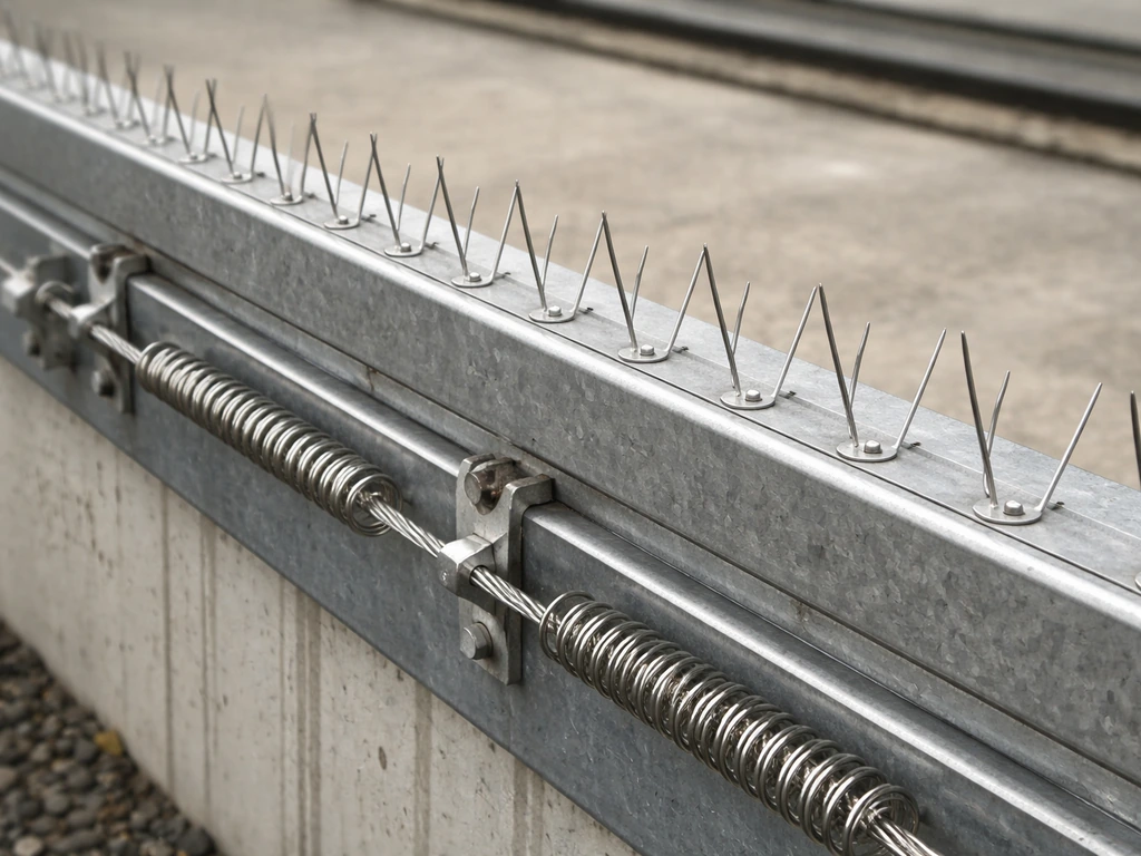 Close view of stainless steel bird anti-perch spikes installed along a rail for roosting prevention