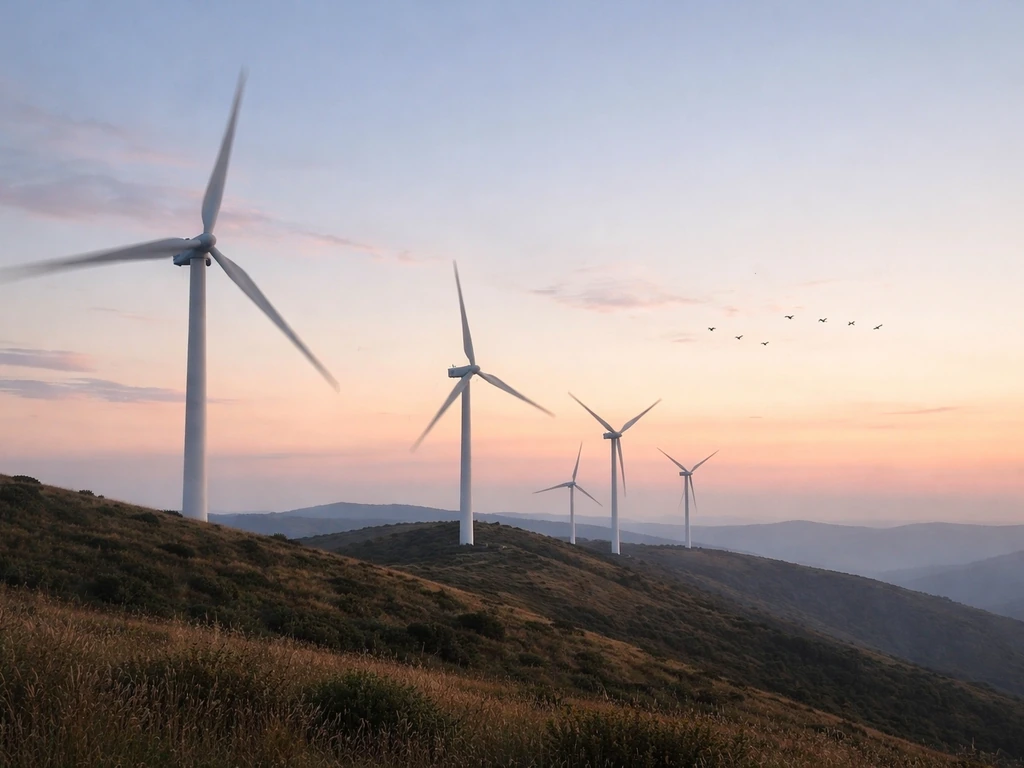 Wind turbines on a ridgeline with faint migratory birds flying in the sky at dusk