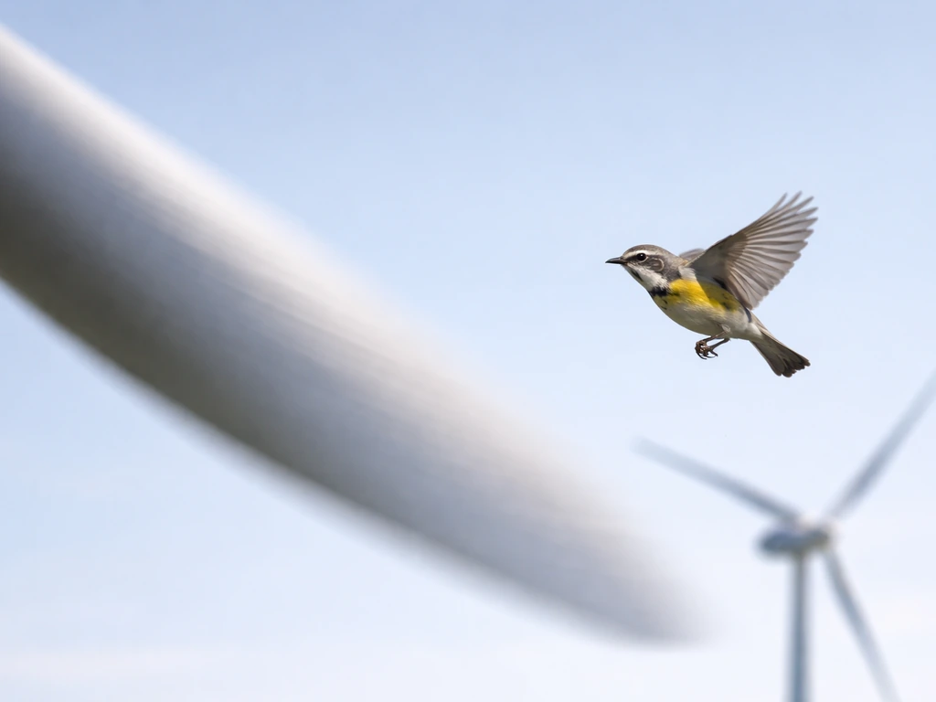 Small bird flying toward a wind turbine rotor area, blade impact zone shown clearly but safely.