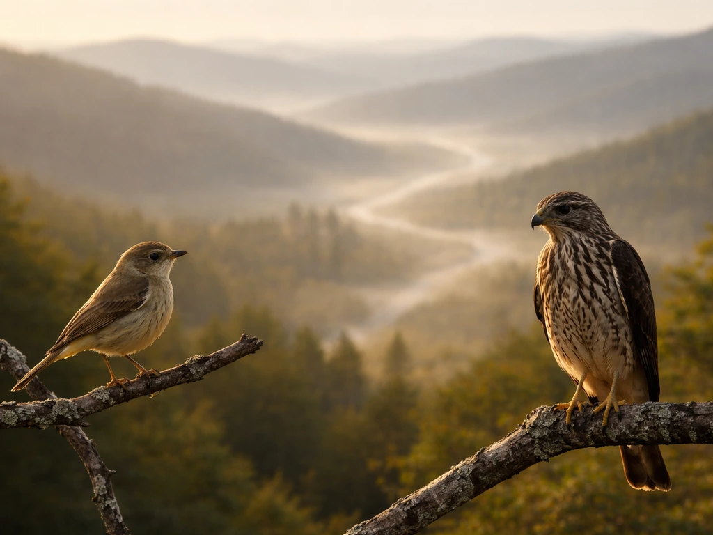 Minimal photo showing two birds side-by-side with a subtle habitat-corridor background blur indicating risk hotspots.