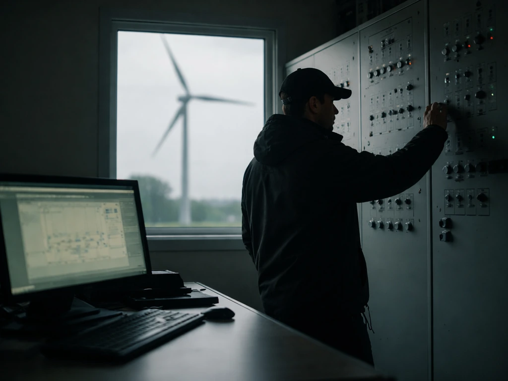 Wind turbine control room showing curtailment, with a technician and a monitor glow indicating reduced operation.