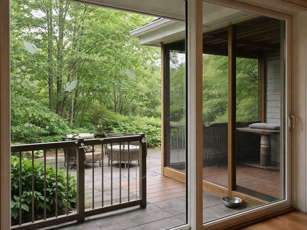 Home patio and picture window with bird-safe glass film and a screened outdoor cat area
