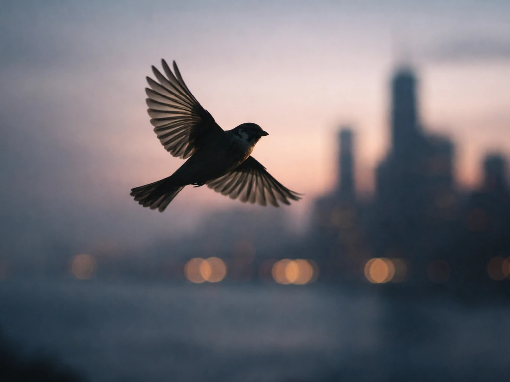 A small bird in flight silhouetted against a city skyline at dusk, suggesting technology pressures on wildlife.