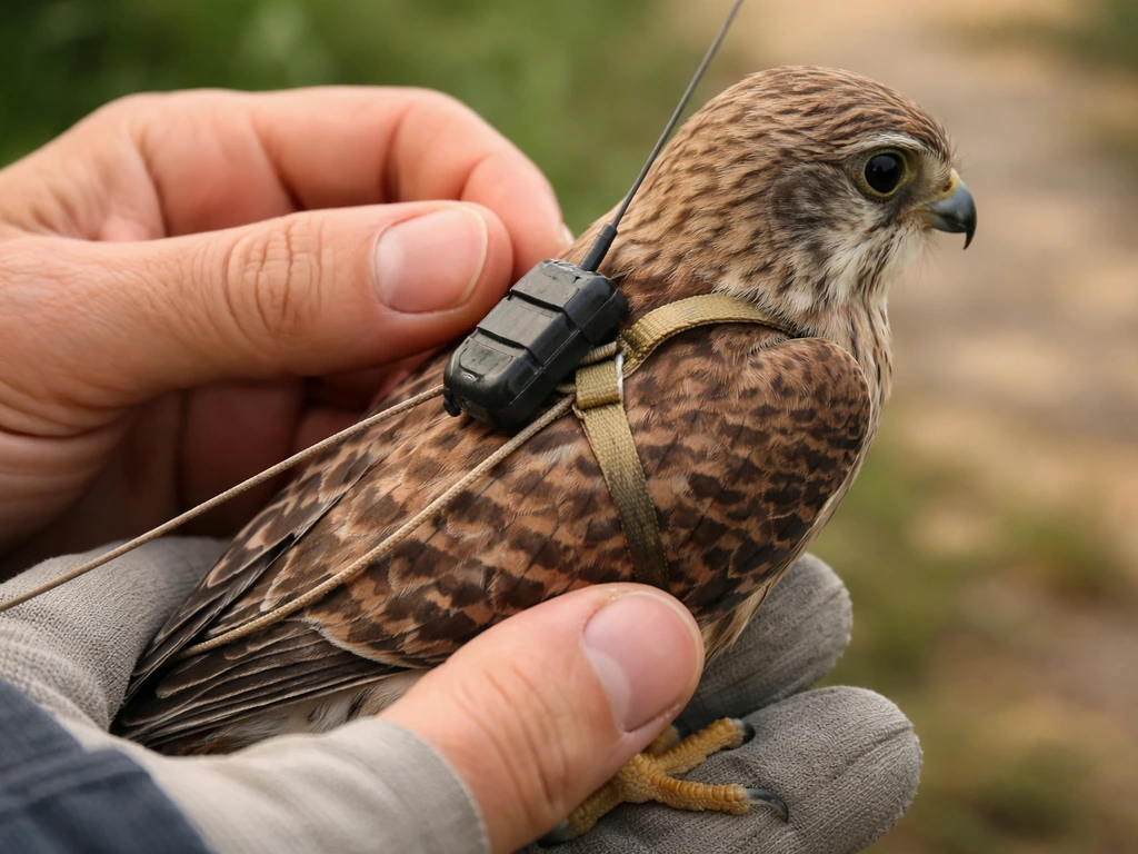 Close-up of a bird wearing a fitted radio/GPS transmitter harness in an outdoor field setting