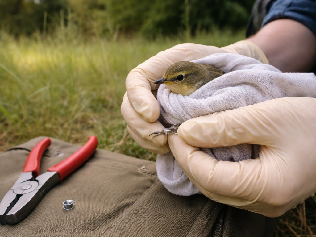Gloved hands holding a small bird for banding while pliers place a numbered leg band in a grassy field.
