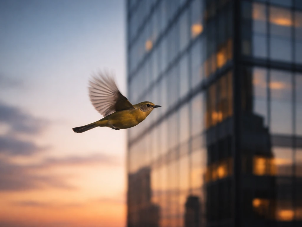 Small bird flying past a reflective office building at dusk, highlighting building-related collision risk.