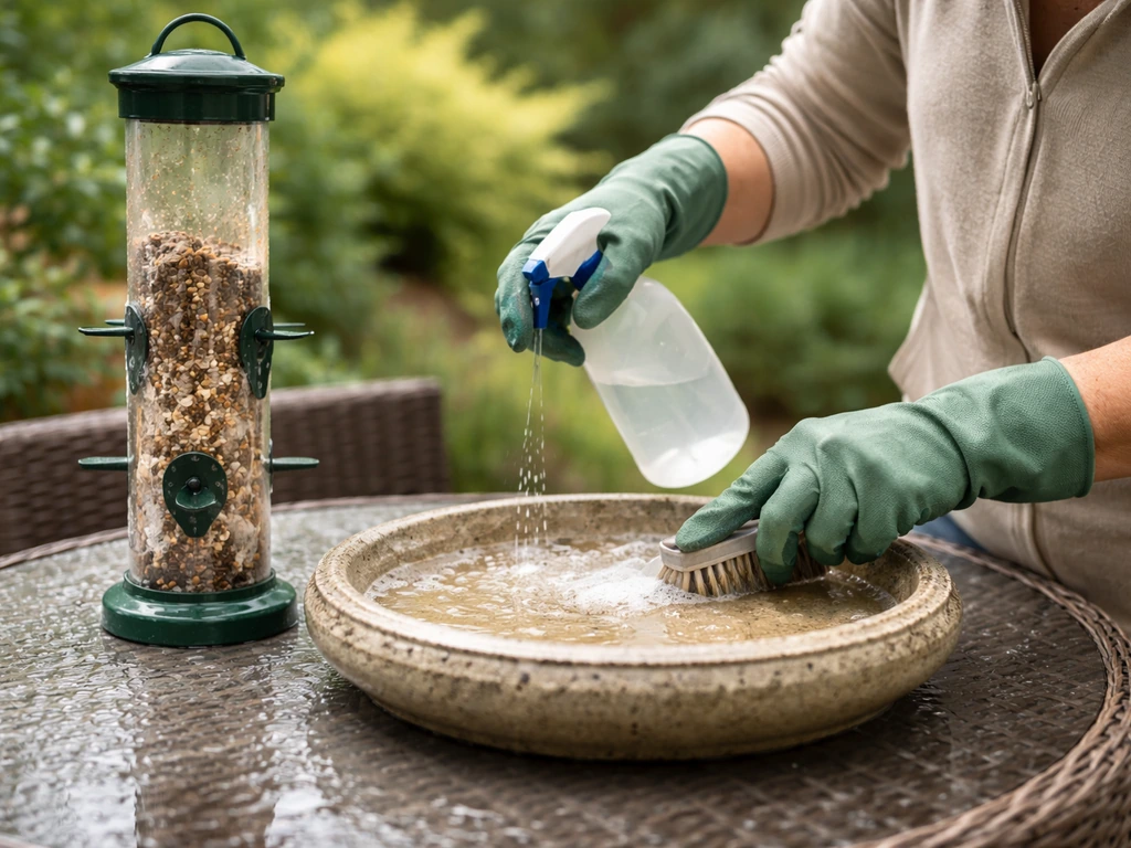 Gloved hands cleaning a backyard seed feeder and birdbath with a brush and water hose.