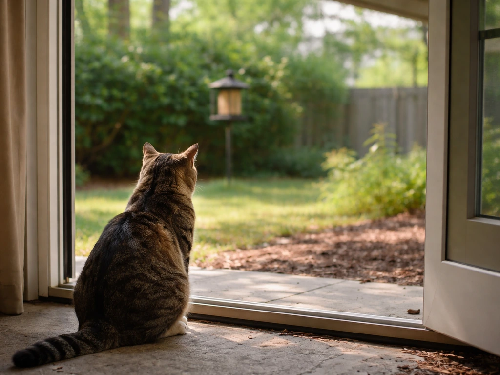 Tabby house cat lounging outdoors near a window in a quiet yard with a small feeder