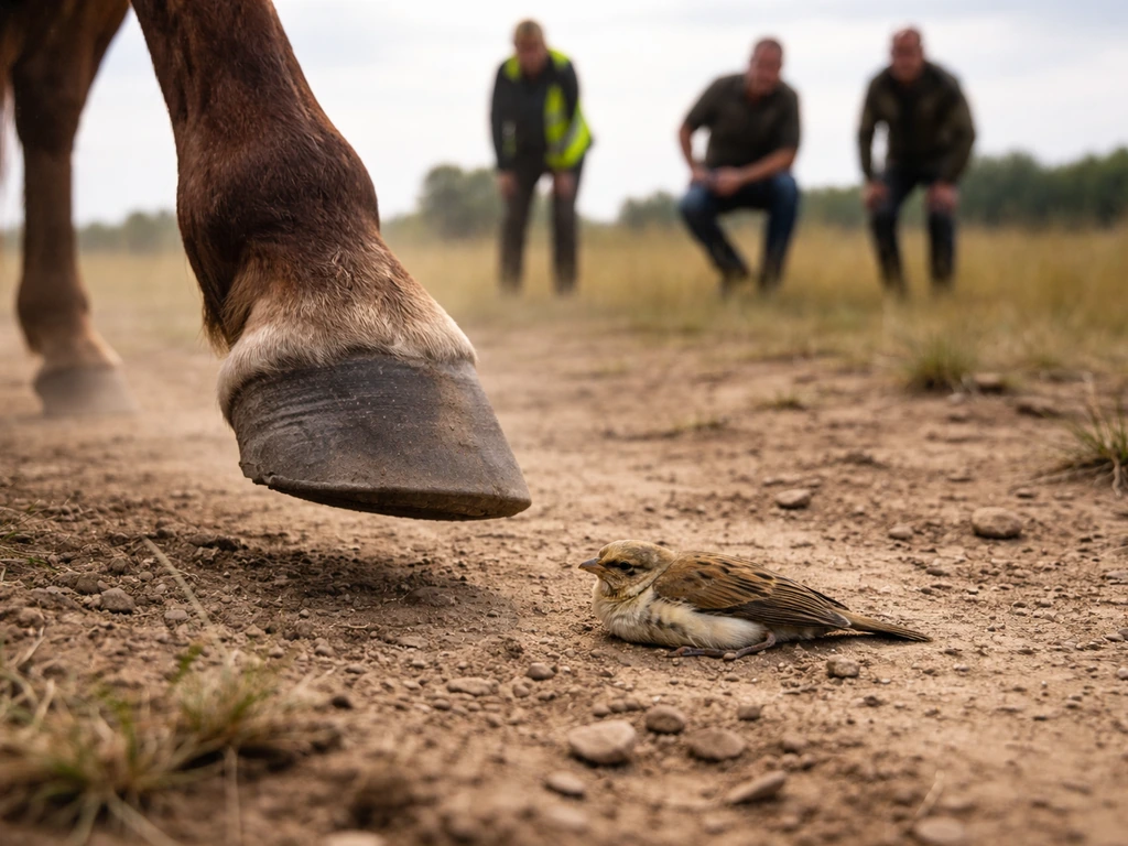 Horse hoof hovering over a small ground bird while people keep distance, tense emergency moment