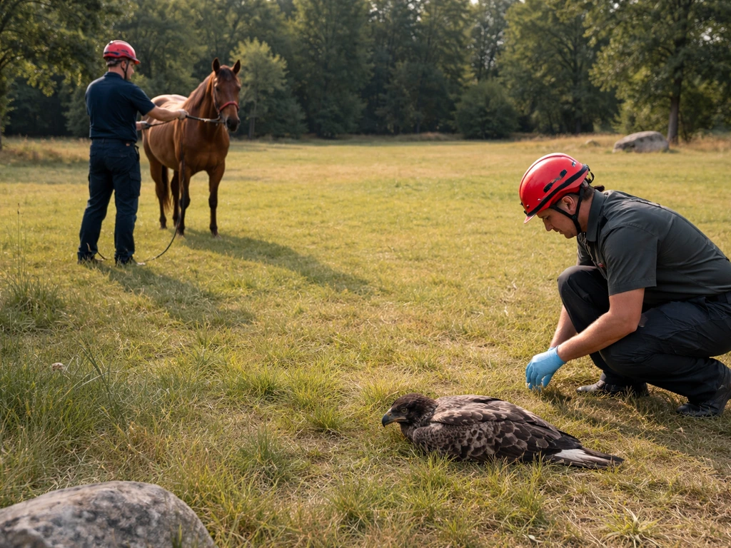 Rescuers keep a horse at a distance while checking the ground near a distressed bird.