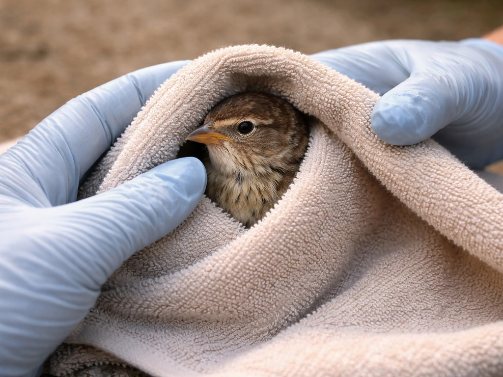 Gloved hands gently holding a small injured bird wrapped in a soft towel in a quiet outdoor setting