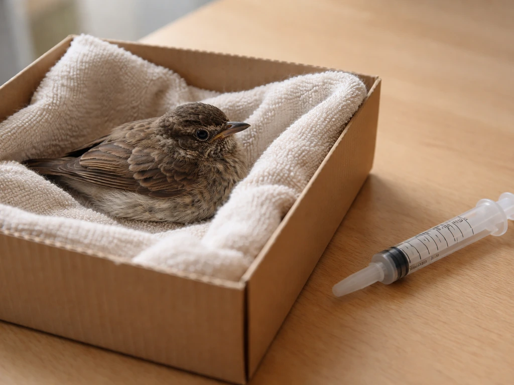 Close-up of a small bird in a simple towel-lined box with a clear empty dropper nearby