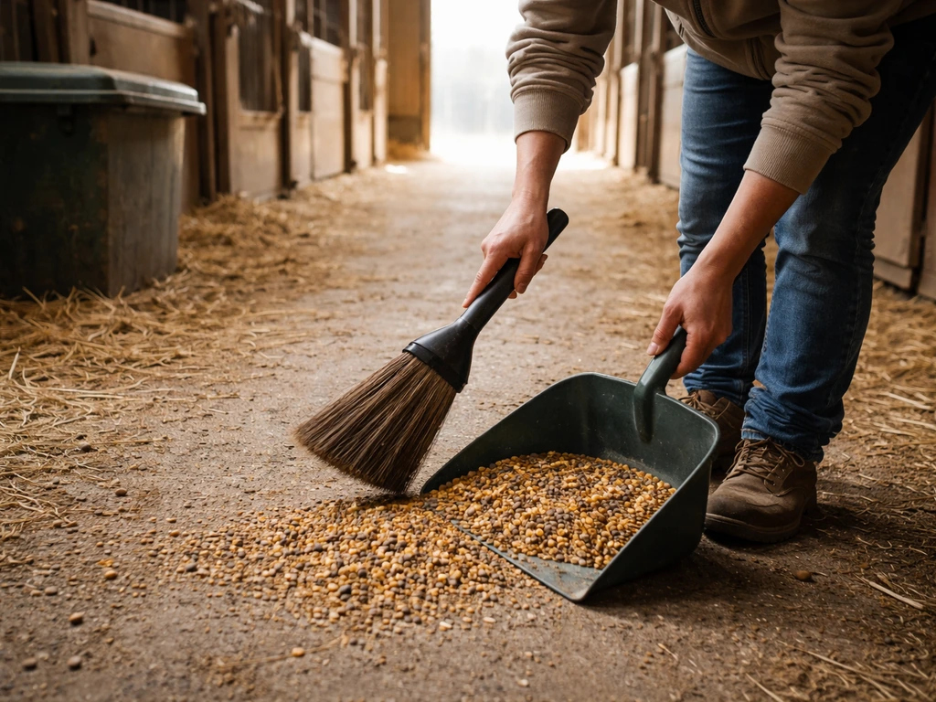 Person sweeping spilled grain out of a stable aisle into a dustpan to deter ground-feeding birds