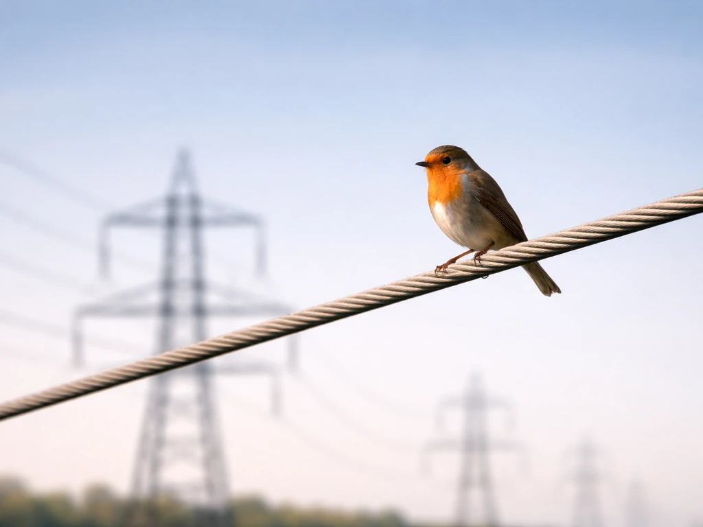 A small bird perched calmly on a single high-voltage transmission wire with no other wires or ground contact.