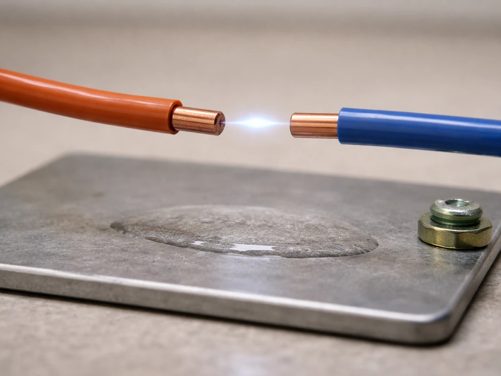 Barely lit close-up showing two insulated wires with a faint gap across a grounded surface concept