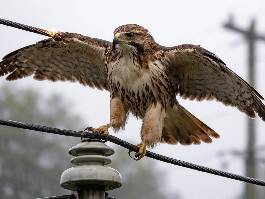 Close-up of a large bird perched with wings touching two separate wires, bridging them and completing a circuit.