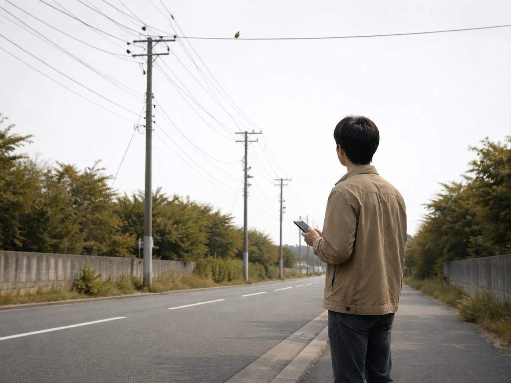 Person stays back while a small bird perches on high power lines overhead; phone ready to call for help.