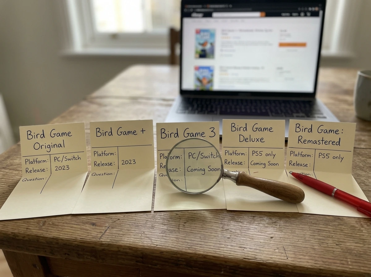 Tabletop comparison of multiple “Bird Game” items with legitimacy checklist