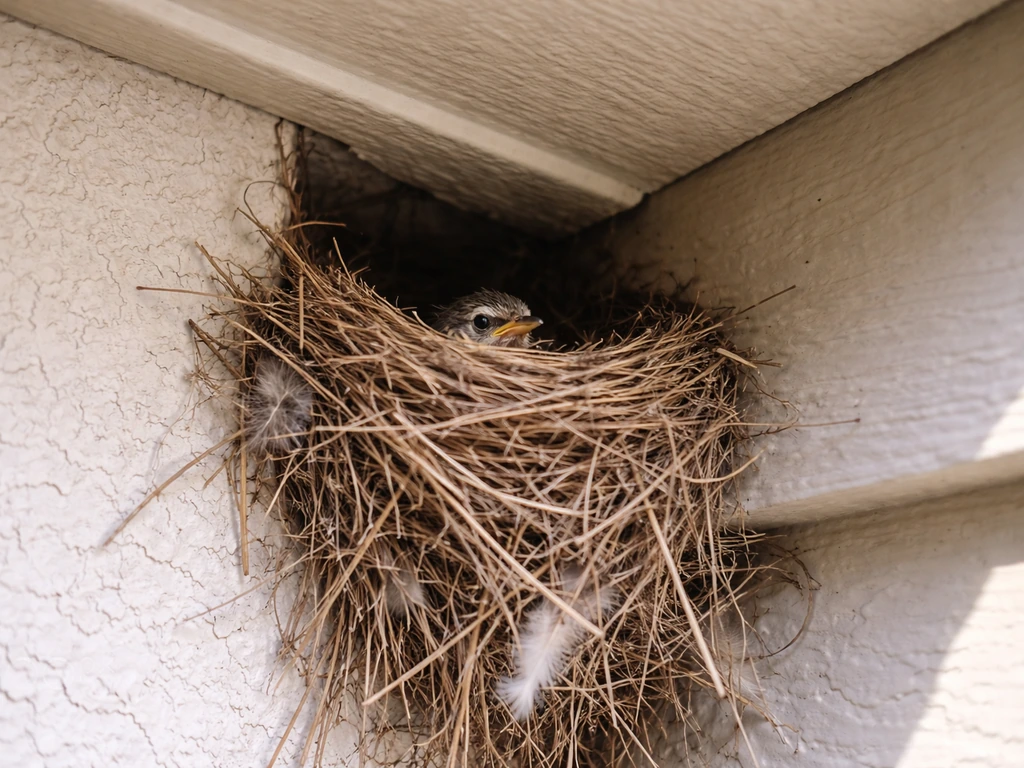 Close-up of an active bird nest under a house eave near an entry point, few twigs and nestlings visible.