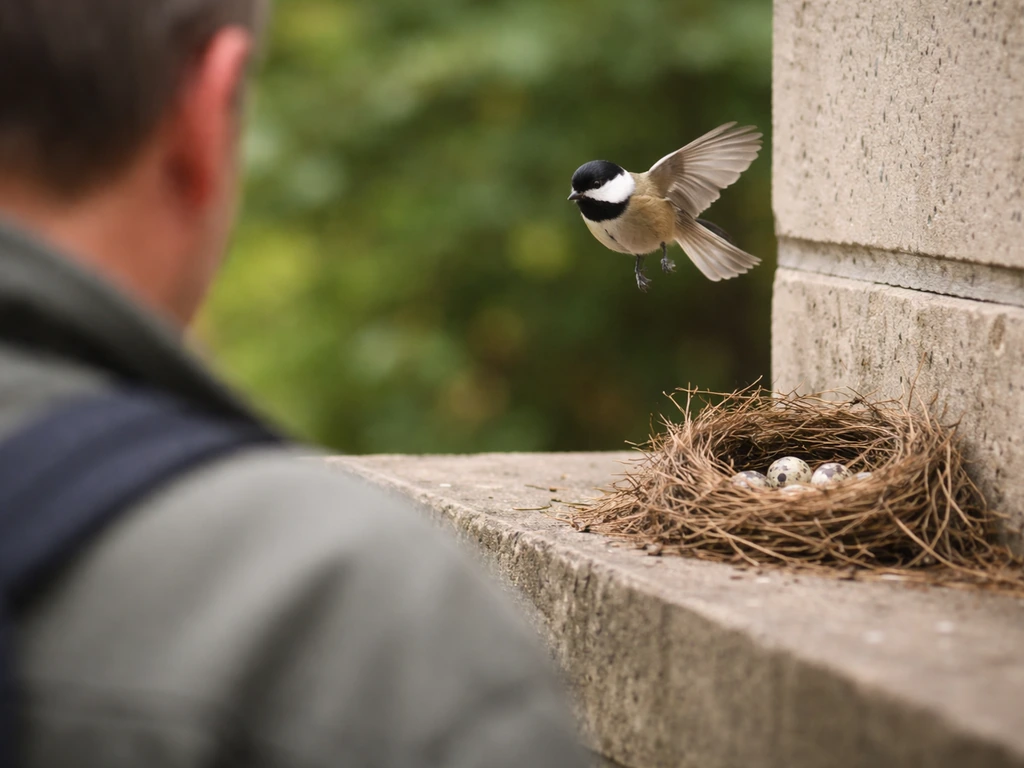 Small bird hovering near a person’s head-height path, showing defensive dive-bomb behavior near a nest.