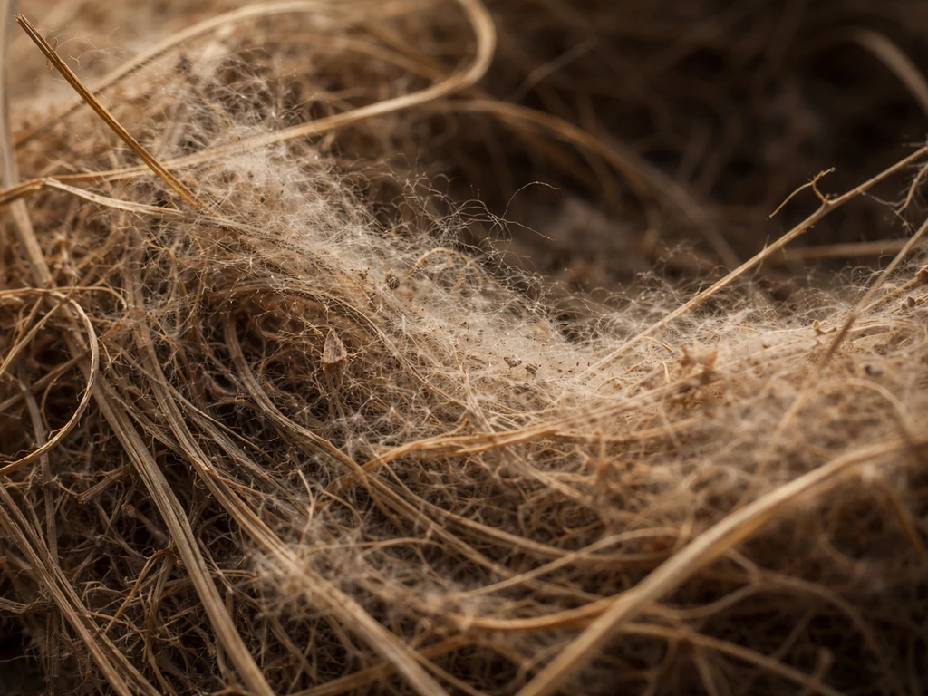 Macro view of dusty bird-nest fibers with faint mite-like specks, showing parasite risk on nesting material.